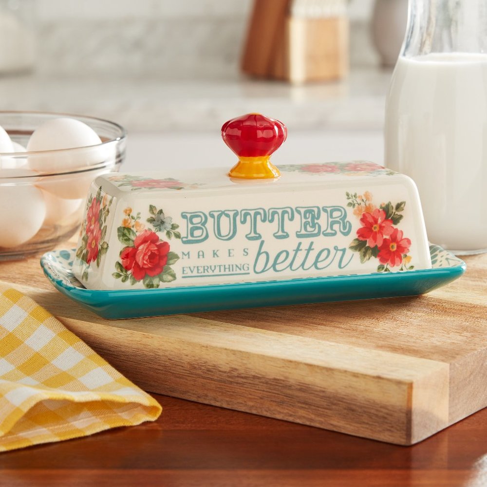 The Pioneer Woman Teal Vintage Floral Butter Dish